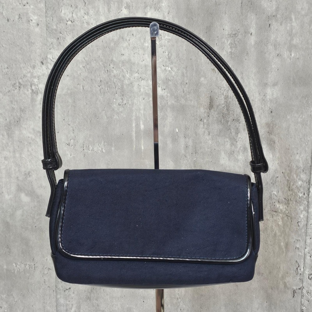DKNY Navy Nylon Baguette Shoulder Bag Y2K Minimalist Leather Trim Purse